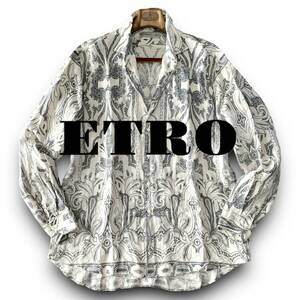 D15 極美品 極上ペイズリー 定価5万 2XLサイズ『エトロ ETRO』麻100％ イタリアンリネン 長袖 シャツ ペイズリーデザイン ブラックホワイト