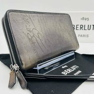 1円《美品》BERLUTI ベルルッティ タリ スクリットレザー ダブルジップ ウォレット オーガナイザー 長財布 パティーヌ ヴェネチア 黒