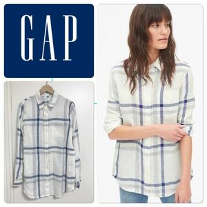 新品　GAP リネンシャツ　定価6990 チェック　ボーイフレンドフィット　麻100％ 送料380円　長袖シャツ チェックシャツ　19824