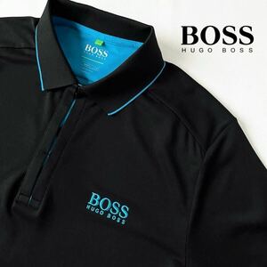 (美品) ヒューゴ ボス HUGO BOSS 吸汗速乾 ストレッチ 機能性 ポロシャツ M (日本L) ブラック ブルー サラサラ ドライ シャツ 