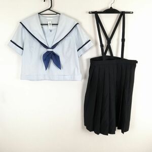 1円 セーラー服 スカート スカーフ 上下3点セット 165A 夏物 青1本線 女子 学生服 佐賀唐津東高校 水色 制服 中古 ランク:C EY3445