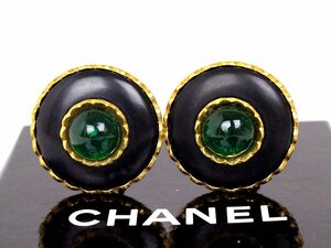 美品☆CHANEL【シャネル】ヴィンテージイヤリング９５A☆ブラック×グリーン×ゴールド金具☆ロゴ☆レディース