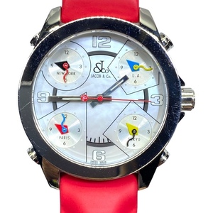 【稼働品】JACOB&CO ジェイコブ ファイブタイムゾーン 時計 腕時計 シェル文字盤 A1666 クォーツ ステンレス ラバー シルバー レッド