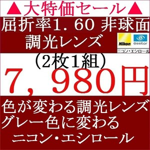 ▲大特価セール▲メガネレンズ交換 ニコン・単焦点レンズ　 1.60 ＡＳ 調光レンズ グレー色に変わる 3 NS16