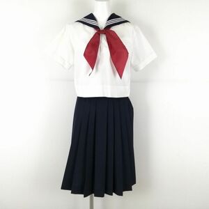 1円 セーラー服 スカート スカーフ 上下3点セット パリス 夏物 白3本線 女子 学生服 中学 高校 白 制服 中古 ランクC EY9866