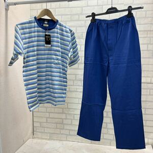 新品 タグ付き 日本製 ダックス パジャマ 上下セット メンズ S ブルー 青 ボーダー 綿100% 半袖 長ズボン 夏用