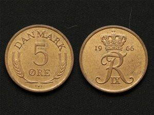 【デンマーク】 5オーレ 1966年 ORE フレゼリク9世 ブロンズ貨