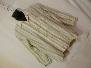 ssy3775 Mitsukoshi メンズ パジャマ 長袖 シャツ 上のみ オフホワイト×グリーン ■ ストライプ柄 ■ 胸ポケット Lサイズ