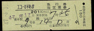 国鉄　東北本線　急行　エコーもりおか　急行券＋指定席券　盛岡から　盛岡駅発行　昭和47年
