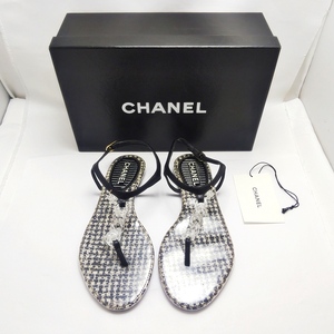 B24-703 CHANEL シャネル サンダル ツイード クリアチェーン ココマーク サイズ:37(約24cm) ブラック 金具ゴールド イタリア製 箱付き