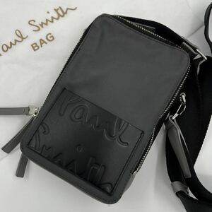 希少/斜め掛け ●Paul Smith ポールスミス ショルダーバッグ サコッシュ ナイロン レザー 型押し デカロゴ クロスボディ 黒 グレー メンズ