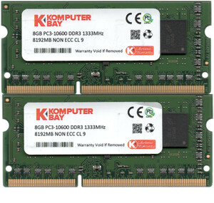 【DDR3 8GBx2枚 合計16GB ノートPC用】＜動作確認済＞KOMPUTER BAY DDR3-1333 (PC3-10600S)【中古】H148
