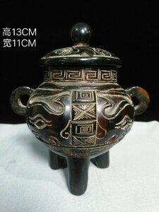 ◆古寳堂◆清 角材細密彫 雙耳 三足熏香炉 置物 賞物 極細工 古置物 古擺件 中国古美術 時代物 古董品