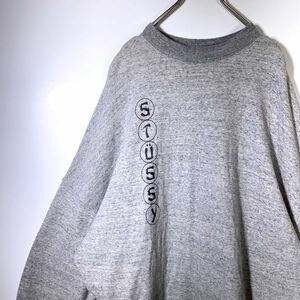 【レア】STUSSY ステューシー フロッキーロゴ プルオーバー スウェット Mサイズ グレー ゆったり ボックスシルエット