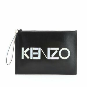 ■美品■KENZO■ケンゾー■オーロラ ロゴ レザー セカンドバッグ クラッチ 書類 ポーチ 通勤 ビジネス トート ブラック メンズ EEE O4-1