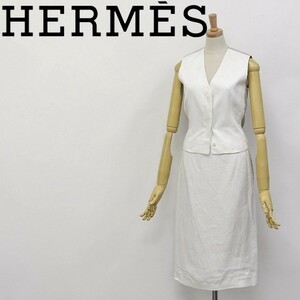 フランス製◆HERMES/エルメス マルジェラ期 シェル釦 リネン ノースリーブ ジャケット ベスト＆ スカート セットアップ 34