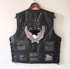 SALE レザーベスト ベスト 羊革 シープスキン 機関車 刺繍バイクベスト 革ジャン 本革 メンズファッション 3XL