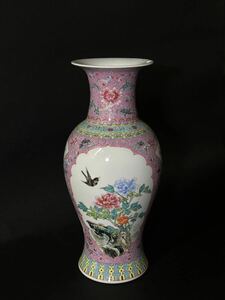 【萬古】中国古美術 清代 琺瑯彩 花鳥 花瓶 古賞物 茶道具 古玩 骨董品 唐物 時代物 当時物 置物