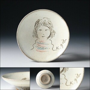 U07968 KATSUYUKI GIBO 儀保克幸 手描 絵皿 飾皿 【小】 少女図 彫刻家 /500
