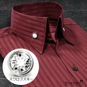 191852-winS BLACK VARIA ストライプ織柄 スキッパー スワロフスキーBDドレスシャツ スリム メンズ(クリスタル釦 ワインレッド赤) M