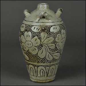 朝鮮美術 李朝 古陶 粉青沙器 花文 捻り耳付花瓶 花入 古美術品