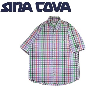 美品 最高級 圧巻 豪華刺繍 SINA COVA マルチカラー チェック ボタンダウン 半袖シャツ メンズL シナコバ マリン 日本製 ゴルフ 240504