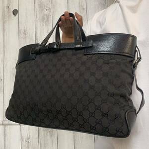 極美品/A4●グッチ GUCCI トートバッグ ハンドバッグ メンズ ビジネス 大容量 書類かばん GGキャンバス 黒 ブラック レザー 本革 金具