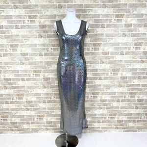 1円ドレス Resille フランス製 ロングドレス 3 シルバー装飾 舞台衣装 パーティードレス カラードレス 中古４１０５