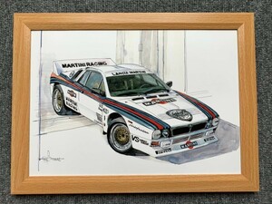 ■BOW。池田和弘『Lancia Rally』B5サイズ 額入り 貴重イラスト 印刷物 ポスター風デザイン 額装品 アートフレーム 旧車