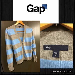 ◆Gap ギャップ 長袖 Vネック カーディガン コットンニット　薄手 ボーダー柄　レディースS 美品