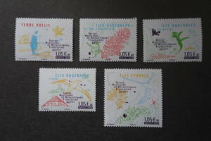 外国切手： 仏領南方・南極地域切手「仏領南方・南極地域65年」（インド洋無人島群 ほか） 5種完 未使用