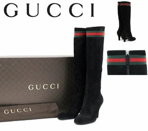 29万新品◆37H=24.5cm程度◆GUCCI グッチ ウェブストライプ柄8cmヒール スエードロングブーツ 黒 1円