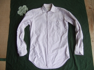 ユナイテッドアローズ　秋冬春　オックスフォード　綿100　ドレスシャツ　ワイドカラー　細身　長袖　薄紫ラベンダーストライプ　37　S位