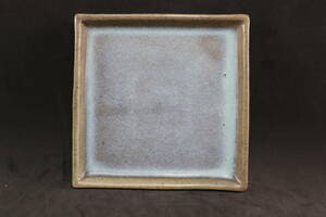 中國 時代物 釣窯澱青釉四方皿 墨書在銘