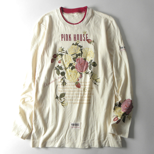 ピンクハウス PINK HOUSE コットン100％ ロゴ×フラワープリント クルーネック長袖Tシャツ ロンT M アイボリー 日本製 l0416-1