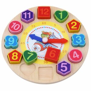 木製玩具 紐通し　時計　積み木 はめ込み 数字認識 動物　キャラクター　早期教育　モンテッソーリ　カラフル　リトルタイガー