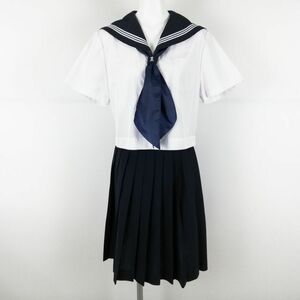 1円 セーラー服 スカート スカーフ 上下3点セット 大きいサイズ 夏物 白3本線 女子 学生服 高知商業高校 白 制服 中古 ランクC NA0472