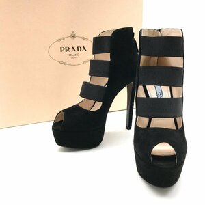 美品 PRADA プラダ スエード メタルロゴ ハイヒール ショートブーツ 靴 ブラック a1741