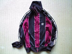 即決 レアカラー 80s ヴィンテージ adidas made in France フランス製 ventex 胸ストライプ オクラホマ ジャージ 168 ボルドー 黒 Pジップ