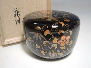 30736/○蔵○ 唐草蒔絵 平棗 共箱 共布 木製漆器 漆芸 茶入 茶道具