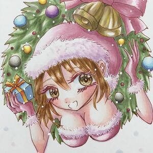 クリスマスリースからサンタガール　手描きイラスト　自作イラスト　ハガキサイズ。