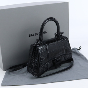 中古美品バレンシアガBALENCIAGA アワーグラス XS ハンドバッグ クロコ型押しカーフ 592833 1LR67 1000 ブラック系　ランク：S us-1