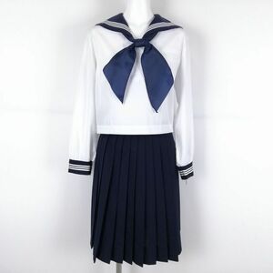 1円 セーラー服 スカート スカーフ 上下3点セット 中間服 白3本線 女子 学生服 中学 高校 白 制服 中古 ランクC NA0955