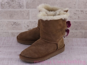 MH957◆レディース キッズ【UGG オーストラリア】ムートンブーツ リボン 茶 ブラウン 22cm