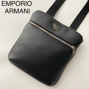 極美品 現行 エンポリオアルマーニ EMPORIO ARMANI ショルダーバッグ サコッシュ 肩掛け 斜め掛け メンズ ビジネス レザー ブラック 黒