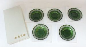 ○ 香蘭社 七宝焼 グリーン七宝 茶托 5枚セット ○MOF08747　丸型 透かし 茶器 工芸品 小皿　G1300-SRA