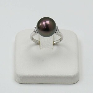 真珠 指輪 パール リング 黒蝶真珠11mm ブラックカラー デザイン プラチナ ダイヤ 人気 安い 真珠パールリング 15208　