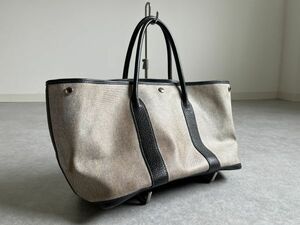 HERMES◆ガーデンパーティPM トートバッグ ハンドバッグ □H刻印 トワルアッシュ レザー グレー ハイブランド ブラック 鞄 Me.i　エルメス