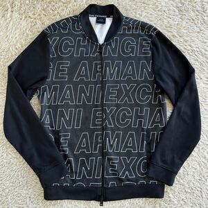 極美品!! アルマーニ エクスチェンジ『溢れる高級感』ARMANI EXCHANGE ブルゾン MA-1 ジャケット M ブランドロゴ総柄 コットン ブラック 黒