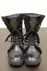 高級 GUCCI ロゴ コレクションモデル ムートン スノー ブーツ ボア レザー グッチ ライダース 革靴 シューズ メンズ 黒 ブラック 7.5(26.5)